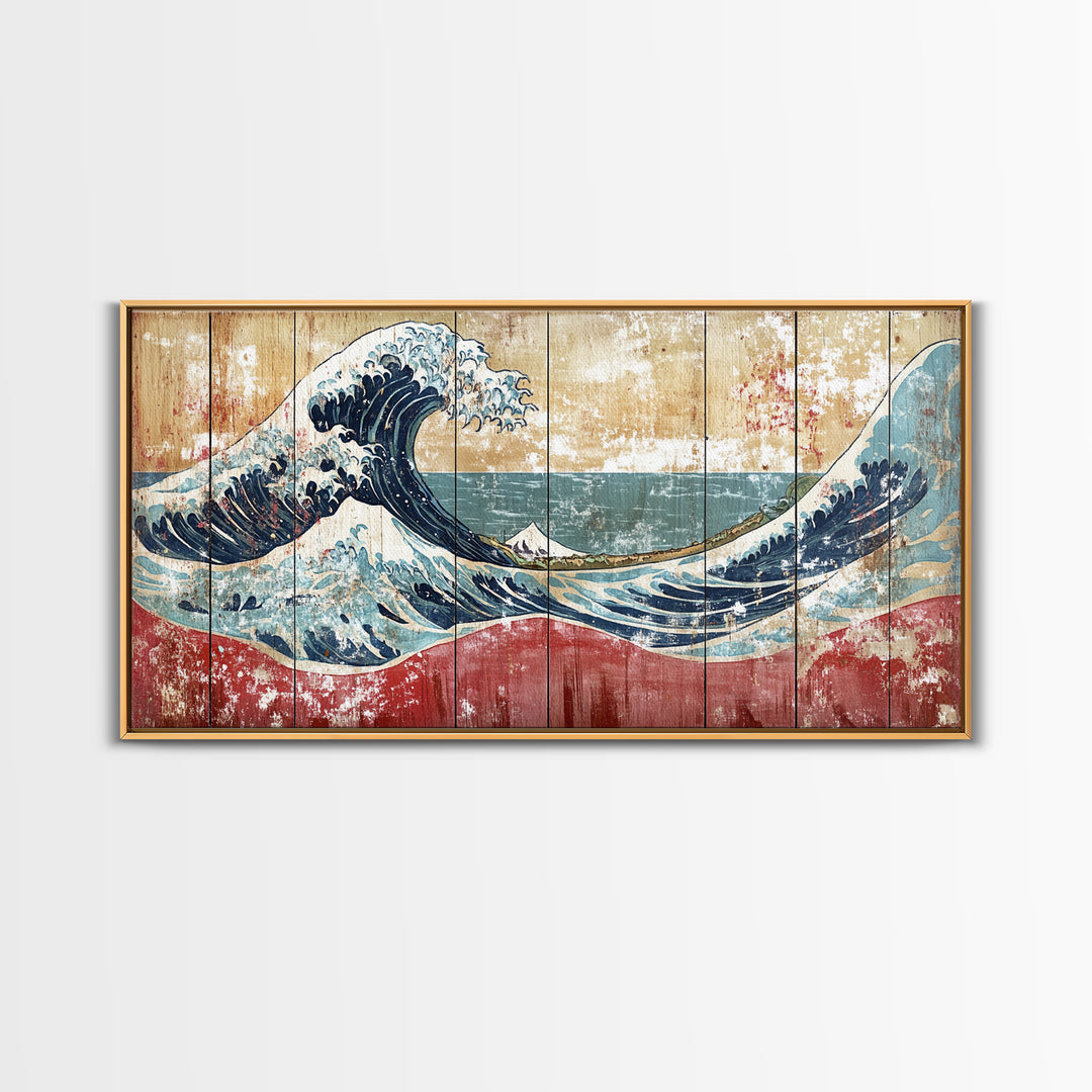 Great Wave Wood Panel, Mount Fuji Framed Canvas Print, Japanese Wall Art, Coastal Decor, Large Horizontal Living Room Art