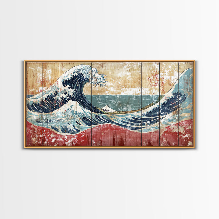 Great Wave Wood Panel, Mount Fuji Framed Canvas Print, Japanese Wall Art, Coastal Decor, Large Horizontal Living Room Art