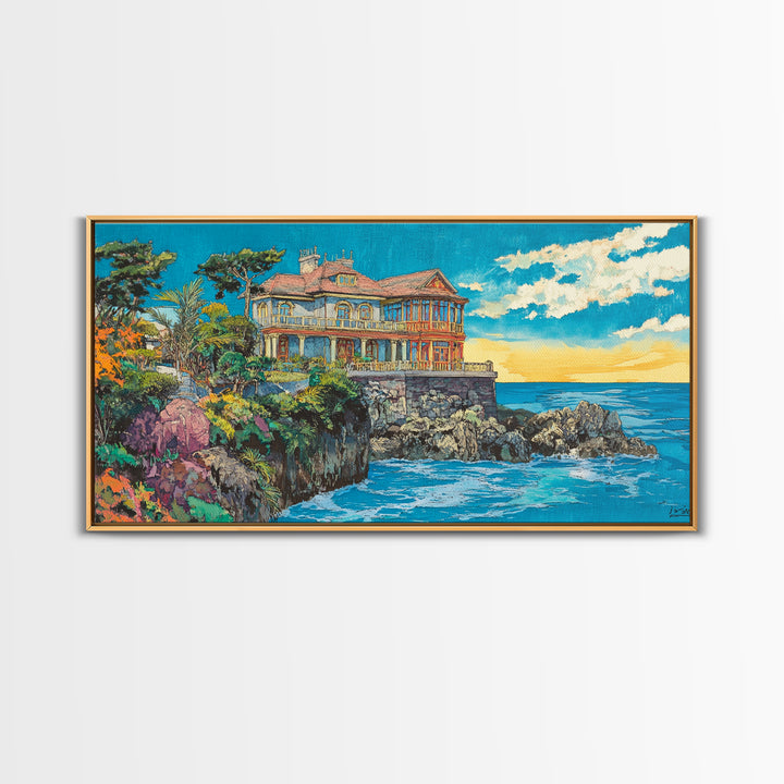 Clifftop Coastal Villa, Bright Seascape Wall Art, Italian Riviera Canvas Print, Ocean Decor, Travel Poster, Gift For Her, Housewarming Gift