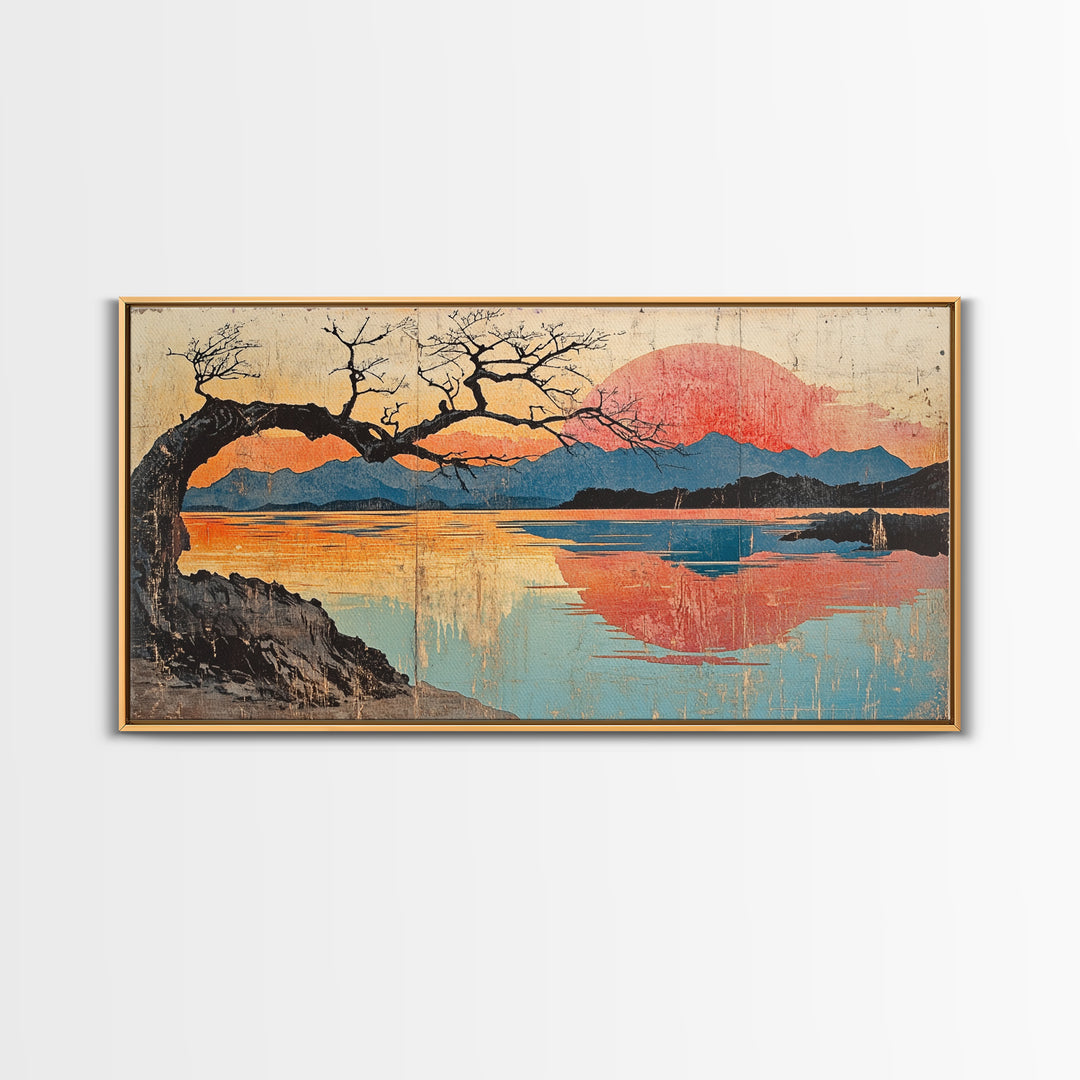 Bare Tree Lake Sunset Wall Art, Japanese Inspired Landscape Print, Serene Coastal Decor, Large Horizontal Canvas Print Art