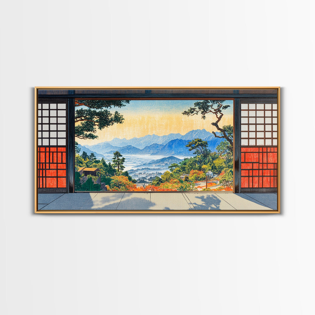 Japanese Shoji Window Mountain View Wall Art, Japandi Landscape Print, Zen Home Decor, Large Framed Canvas Print, Living Room Decor