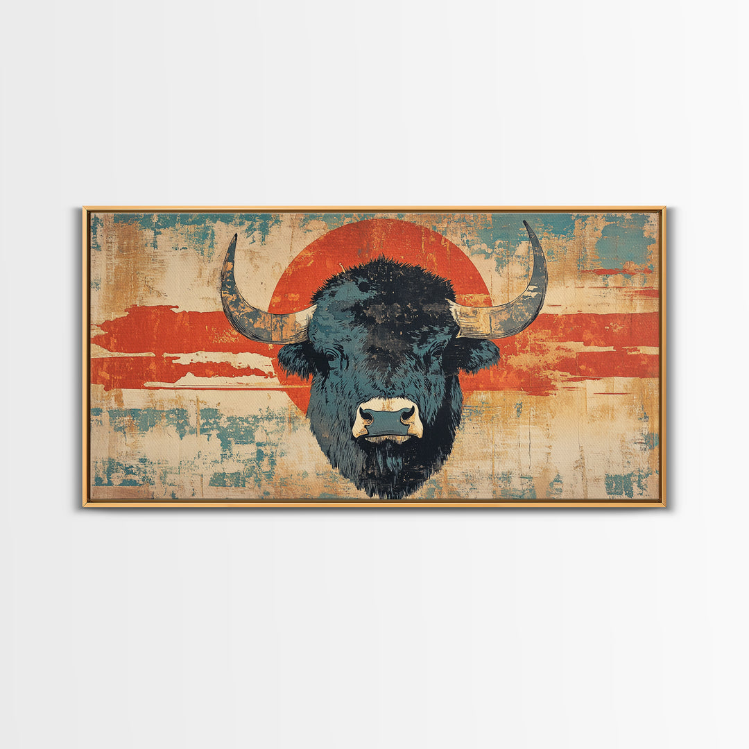 Bold Bison Portrait Red Sun Wall Art, Western Buffalo Print, Rustic Ranch Decor, Large Framed Canvas Print, Living Room Decor