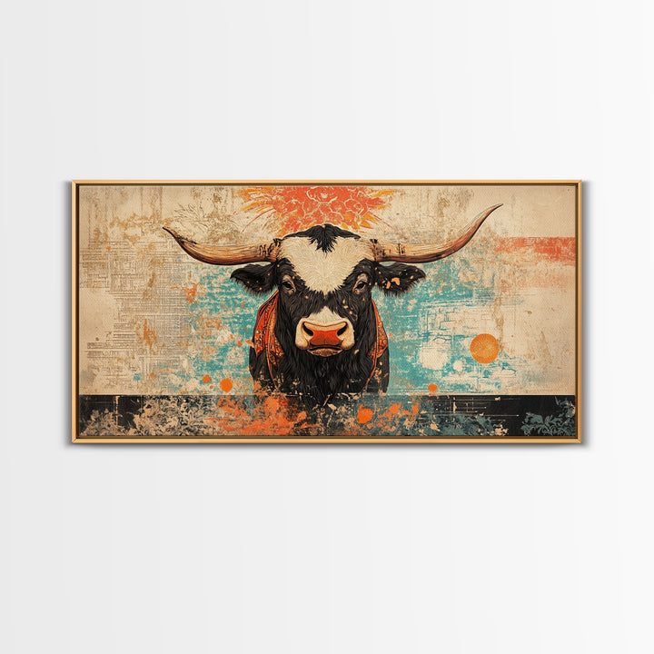 Bold Longhorn Cow Wall Art, Western Animal Canvas Print, Rustic Farmhouse Decor, Southwest Living Room Wall Decor Gift Idea