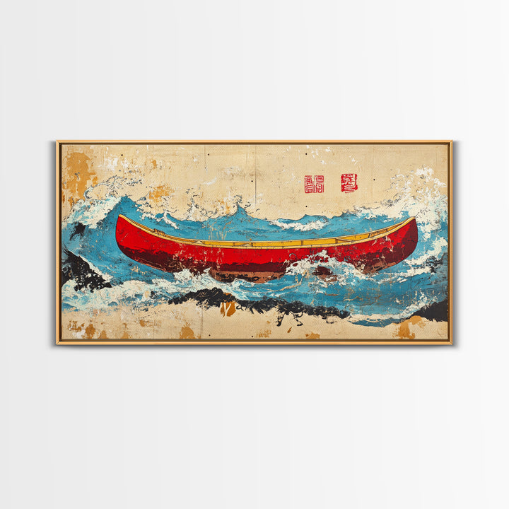 Red Canoe Ocean Waves Wall Art, Japanese Nautical Canvas Print, Coastal Adventure Decor, Beach House Wall Decor Gift Idea