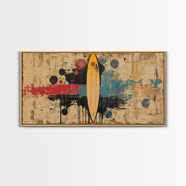Yellow Surfboard Abstract Wall Art, Retro Beach Canvas Print, Mid Century Modern Decor, Surfer Living Room Wall Decor Gift