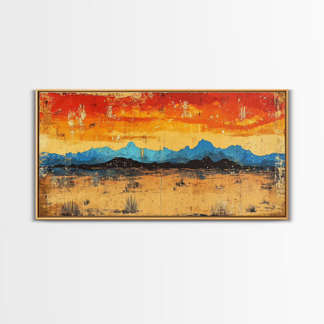 Blue Desert Mountain Wall Art, Fiery Sunset Landscape Canvas Print, Southwest Modern Decor, Above Sofa Wall Decor Gift Idea