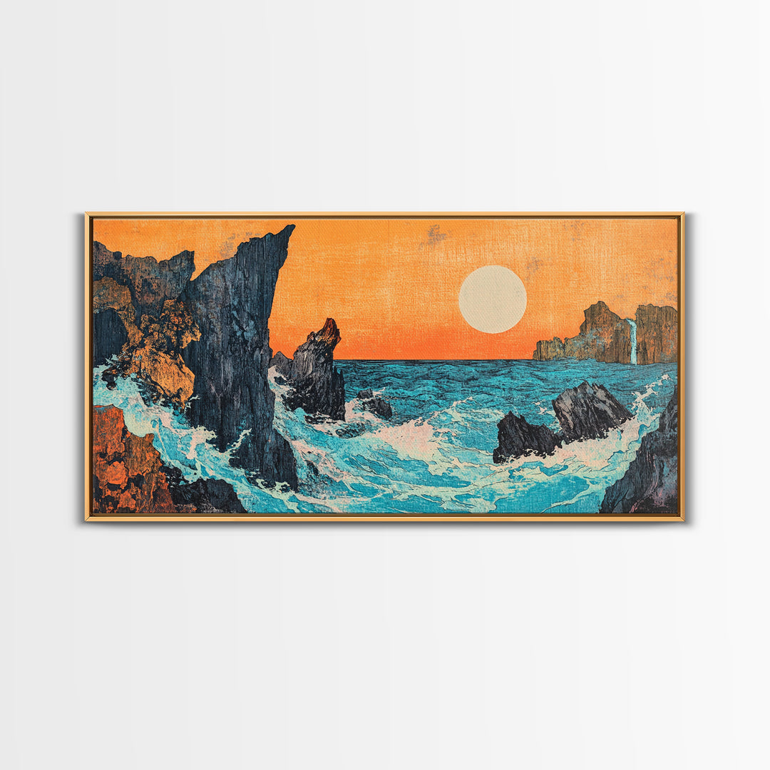 Rocky Ocean Sunset Seascape Wall Art, Japanese Coastal Canvas Wall Art, Beach House Decor, Large Horizontal Print, Ocean Wall Decor