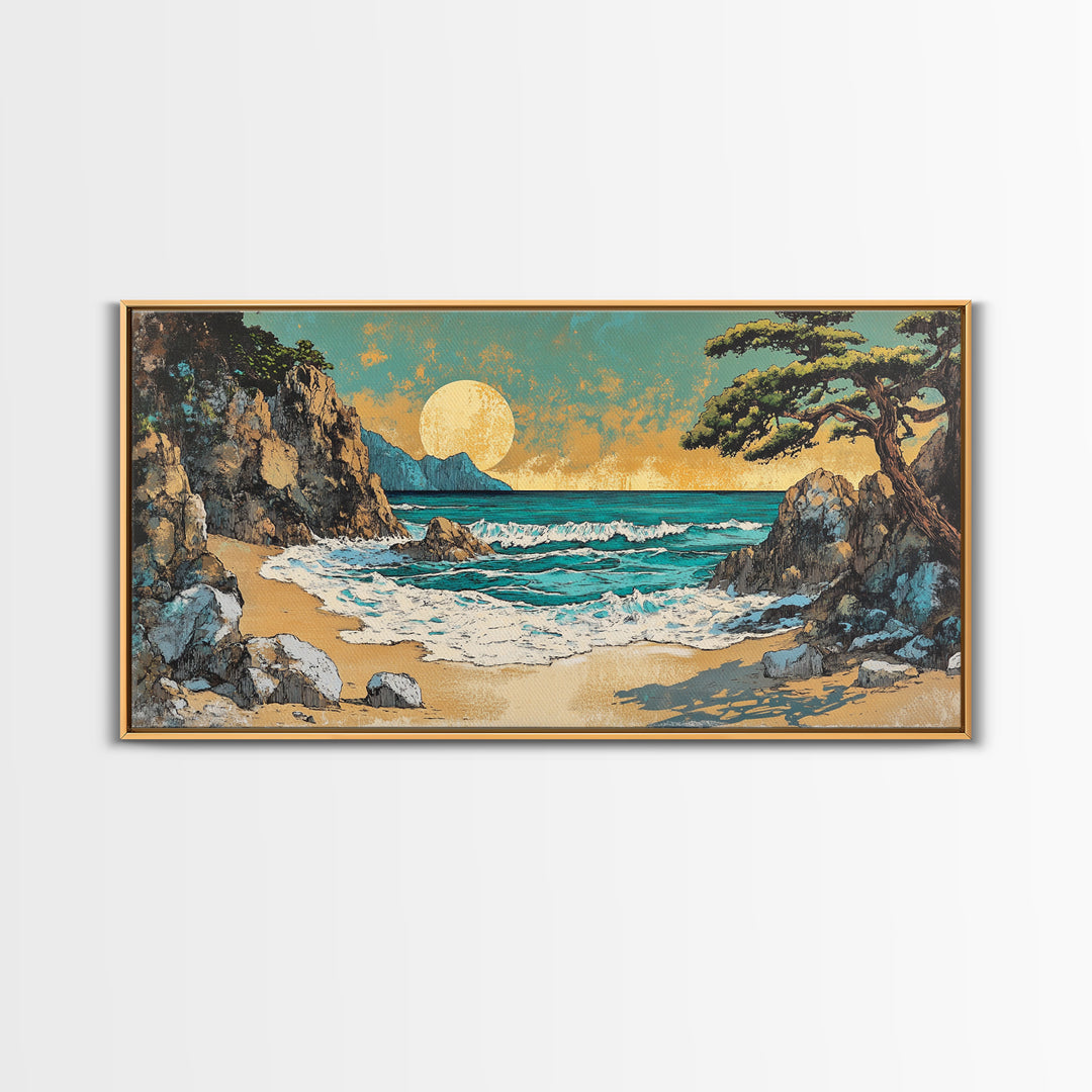 Rocky Cove Sunset Beach Wall Art, Japanese Coastal Landscape Art, Ocean Waves Canvas Print, Beach House Decor, Large Wall Art