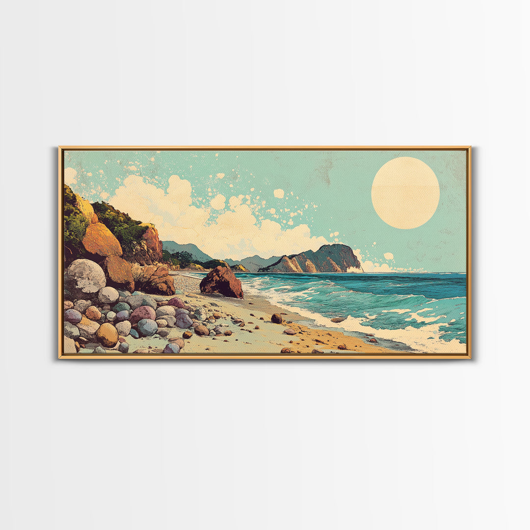 Sunny Rocky Beach Panorama Wall Art, Tropical Coastal Landscape, Ocean Waves Canvas Print, Beach House Decor, Large Horizontal Art