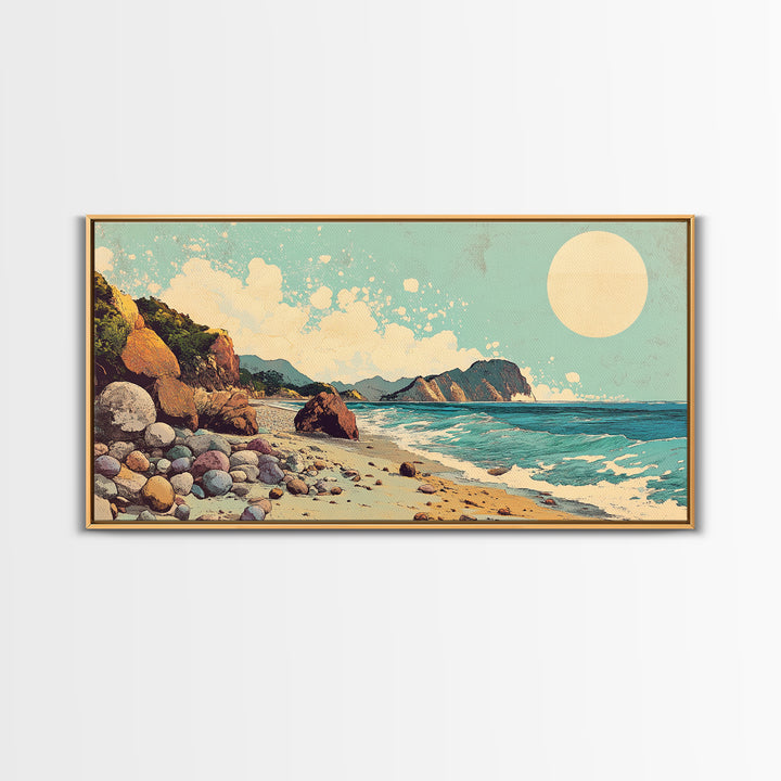 Sunny Rocky Beach Panorama Wall Art, Tropical Coastal Landscape, Ocean Waves Canvas Print, Beach House Decor, Large Horizontal Art