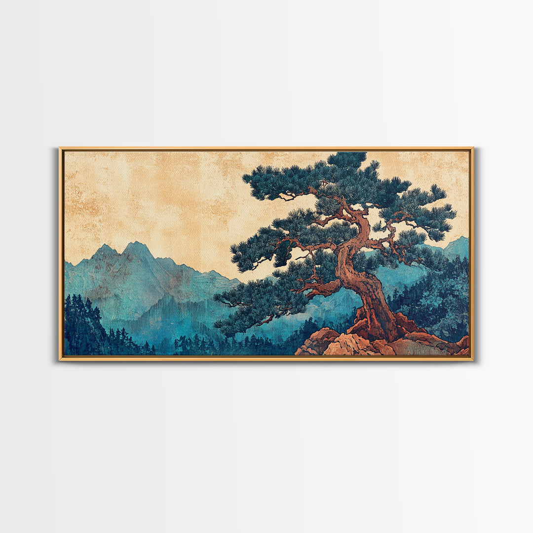 Ancient Pine Mountain Landscape Wall Art, Japanese Nature Canvas Print, Blue Forest Decor, Japandi Wall Art, Large Horizontal Print