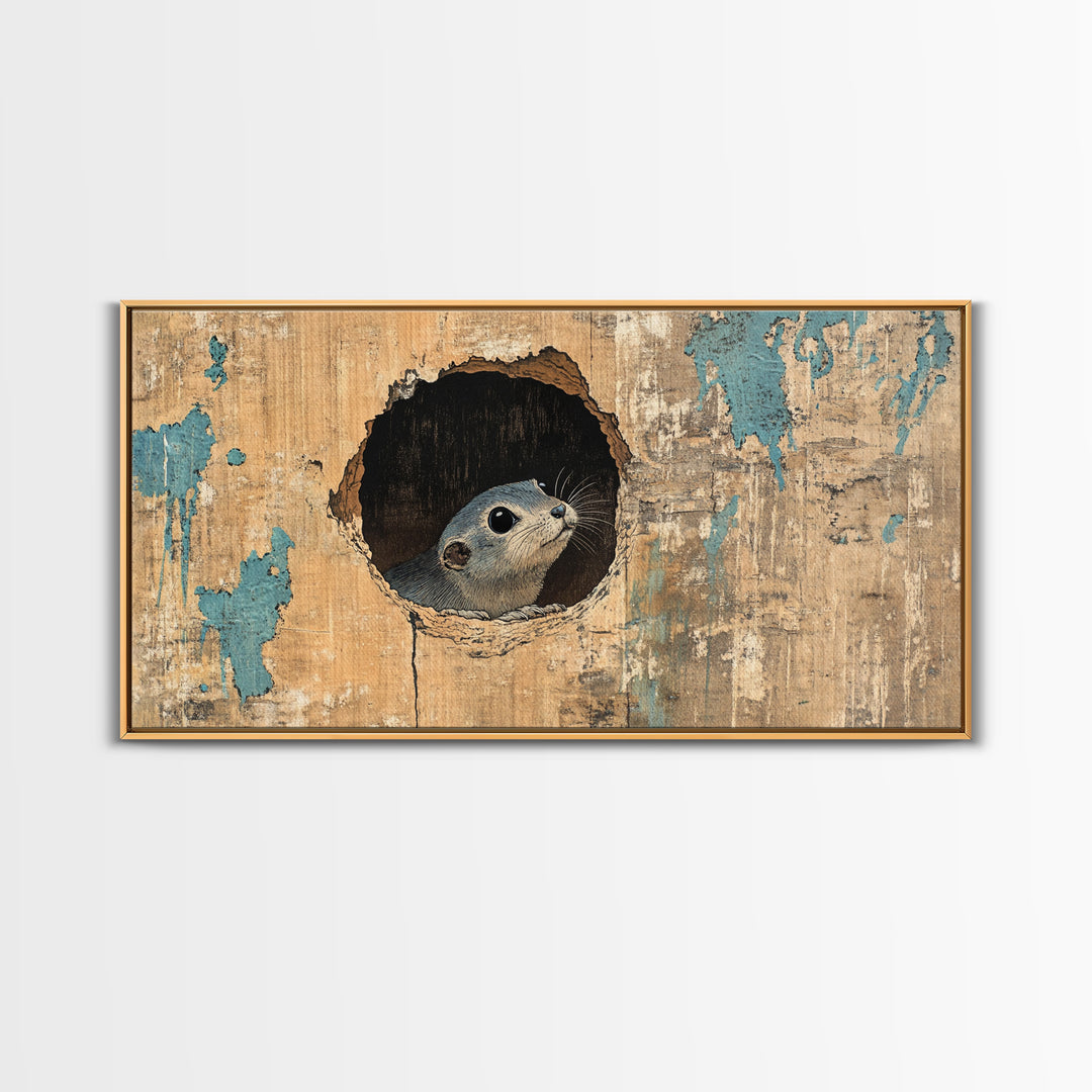 Curious Seal Peeking From Weathered Wall Art, Cute Coastal Animal Canvas Print, Nautical Bathroom Decor Gift For Ocean Lover