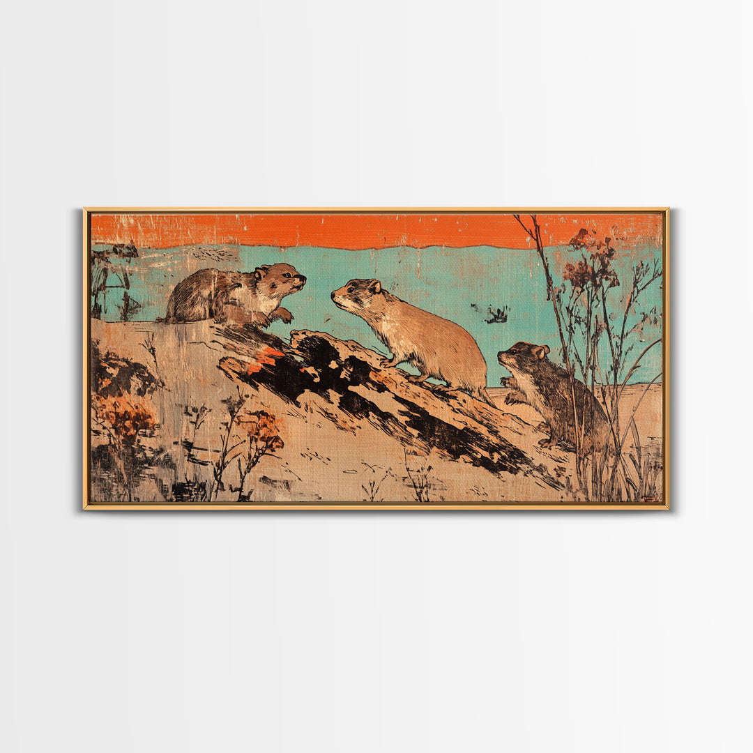 Playful Otters On Driftwood Wall Art, Rustic Wildlife Canvas Print, Woodland Animal Decor For Cabin Living Room Housewarming Gift