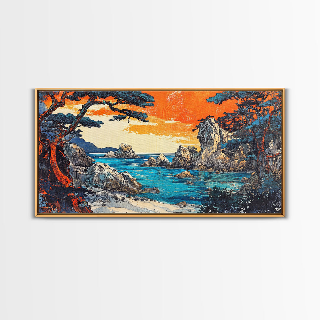 Orange Sunset Rocky Cove Seascape Canvas Print, Coastal Wall Art, Ocean Landscape Art For Living Room Decor, Beach House Decor