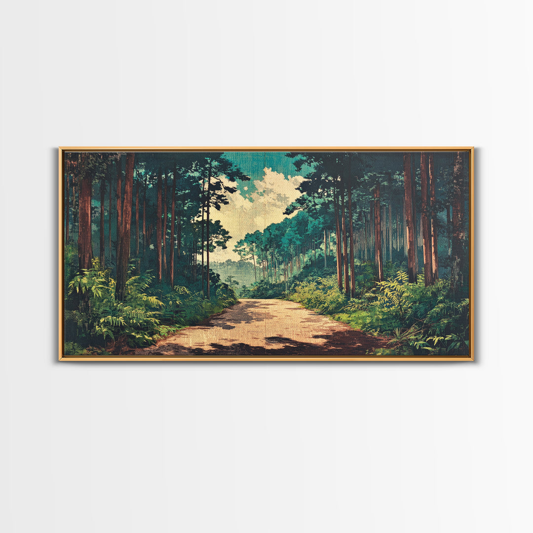 Sunlit Pine Forest Path Canvas Print, Nature Wall Art, Forest Wall Decor, Japandi Wall Art For Entryway And Office Decor
