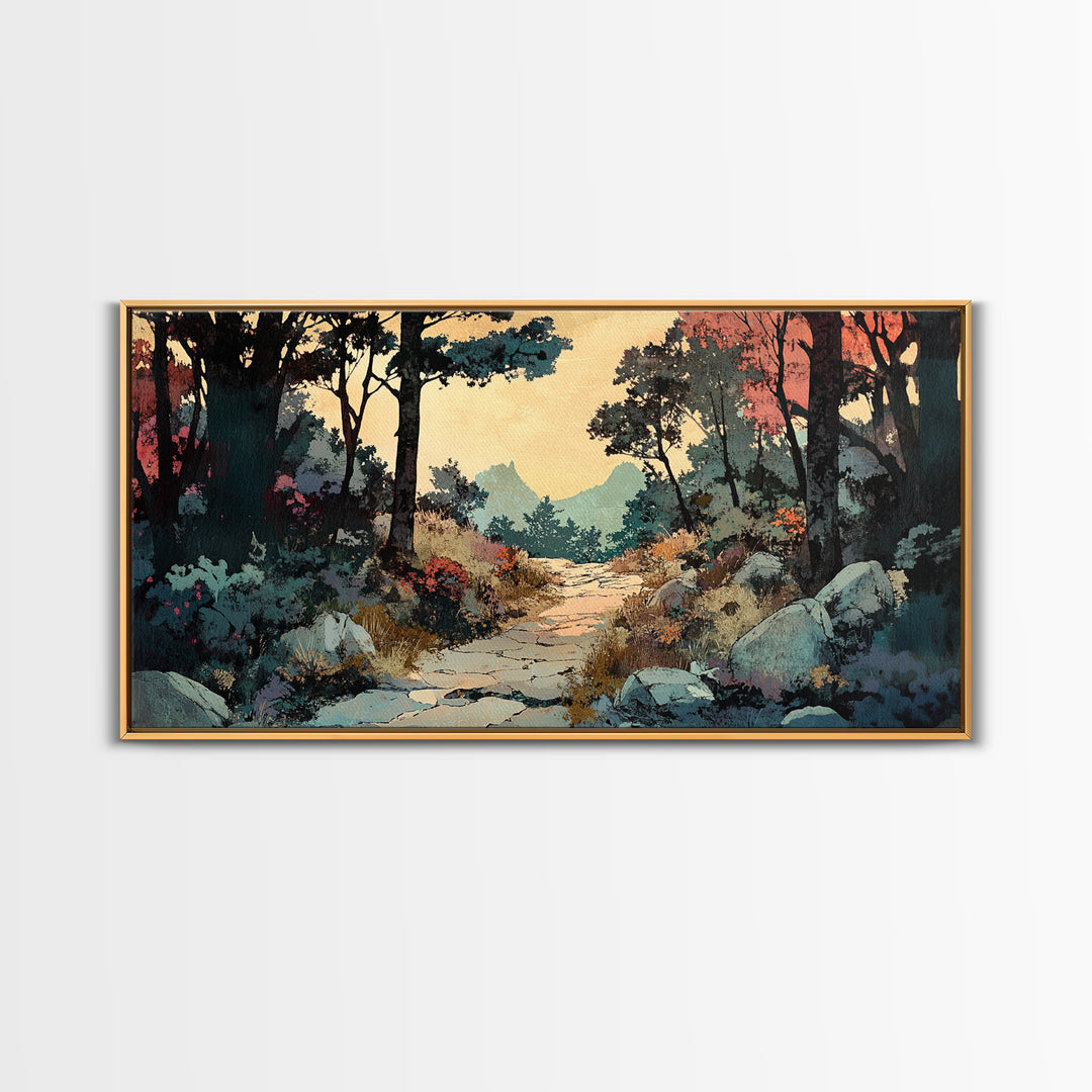 Autumn Woodland Trail Landscape Canvas Print, Rustic Wall Art, Nature Wall Decor, Moody Forest Art For Cozy Bedroom Decor