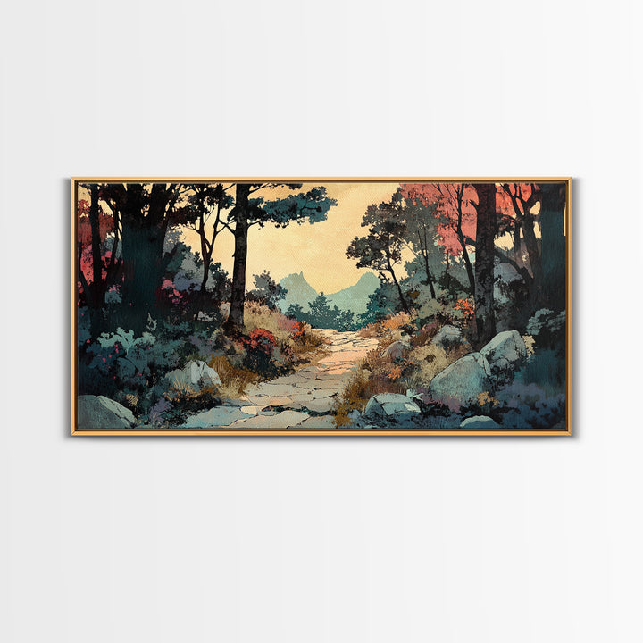 Autumn Woodland Trail Landscape Canvas Print, Rustic Wall Art, Nature Wall Decor, Moody Forest Art For Cozy Bedroom Decor