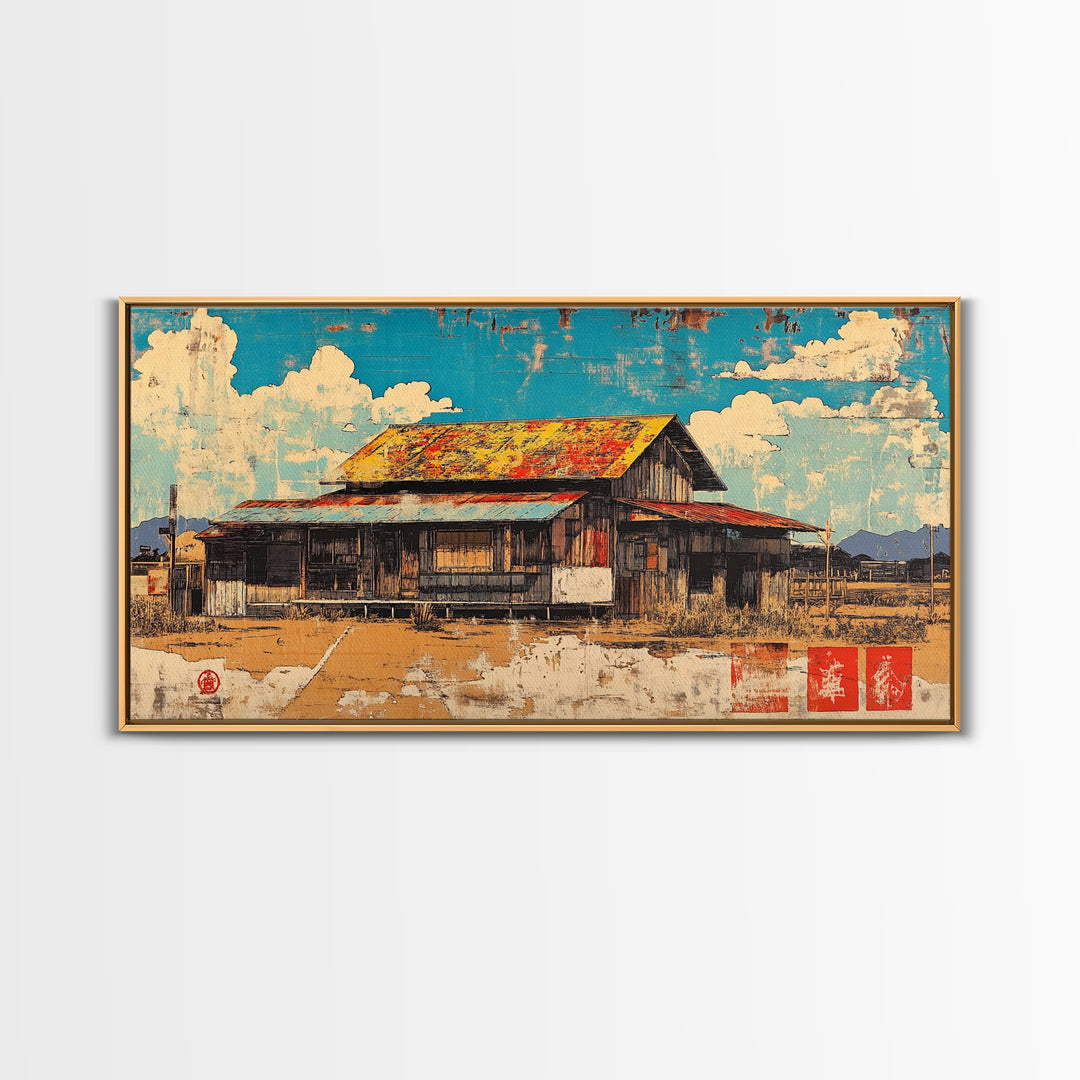 Rustic Weathered Barn Under Blue Sky Framed Canvas Print, Farmhouse Wall Art, Country Landscape, Warm Rural Home Decor Print