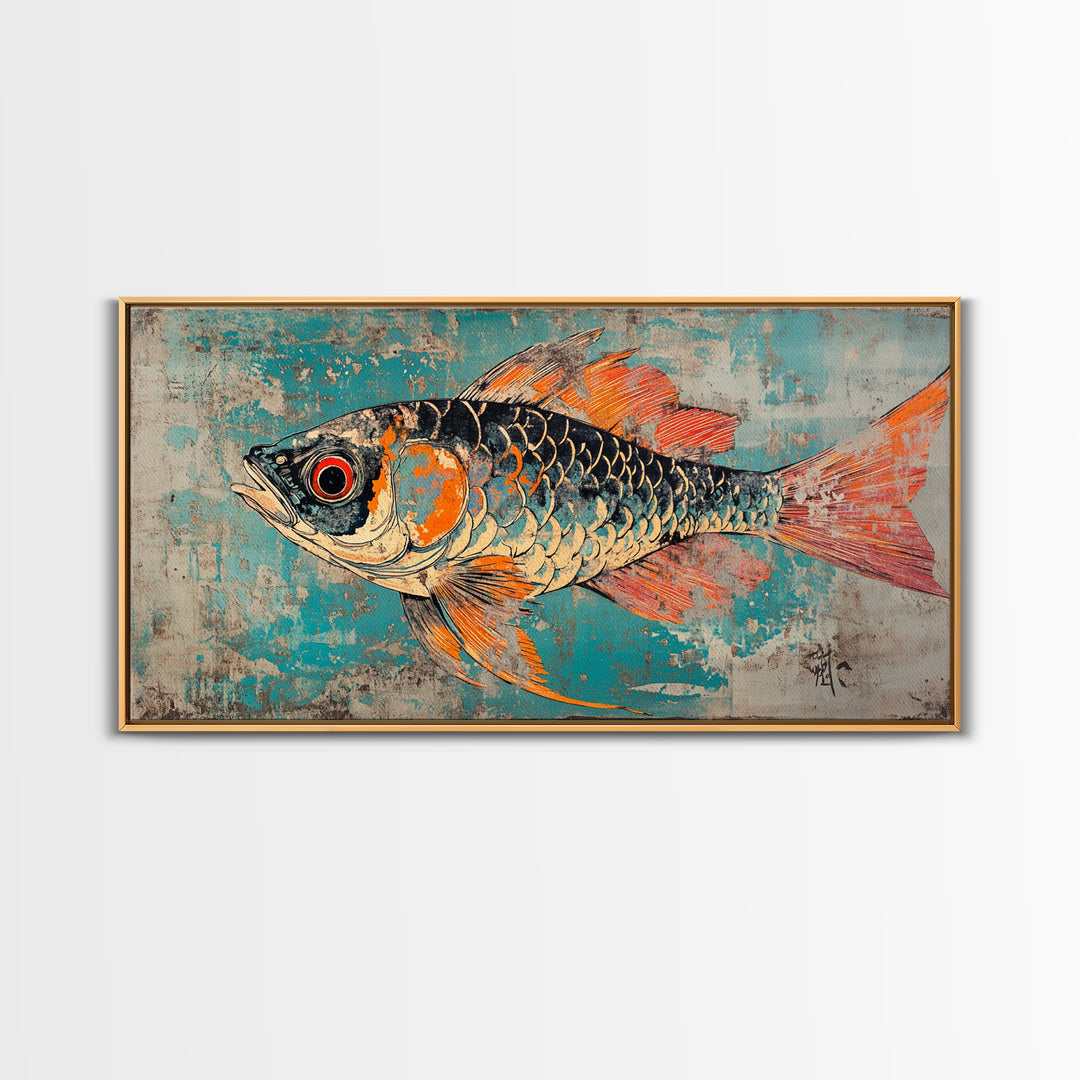 Orange And Teal Koi Fish Canvas Print, Japanese Wall Art, Coastal Animal Art, Vibrant Ocean Decor, Marine Life Print, Gift