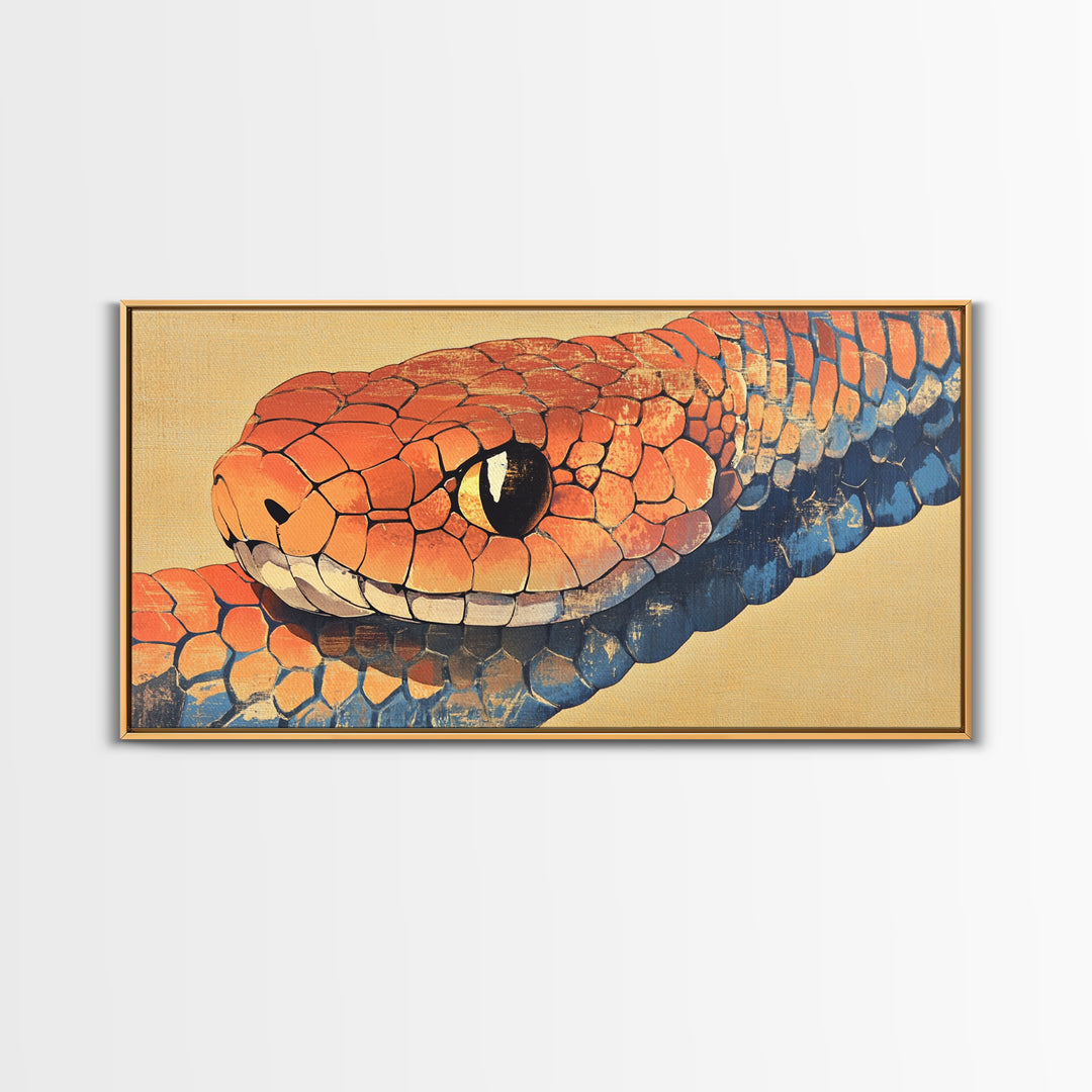 Orange And Blue Snake Closeup Framed Canvas Print, Reptile Wall Art, Wildlife Art, Bold Nature Decor, Masculine Home Decor