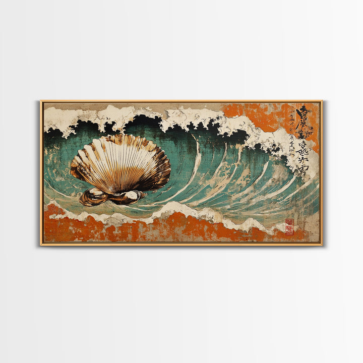 Scallop Shell In Crashing Wave Canvas Print, Japanese Coastal Wall Art, Nautical Ocean Decor, Seashell Art Print, Beach House Decor