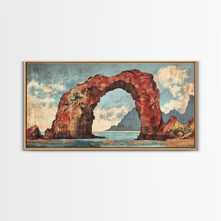Red Coastal Rock Arch Over Blue Sea Framed Canvas Print, Seascape Wall Art, Ocean Landscape, Beach House Decor, Coastal Decor