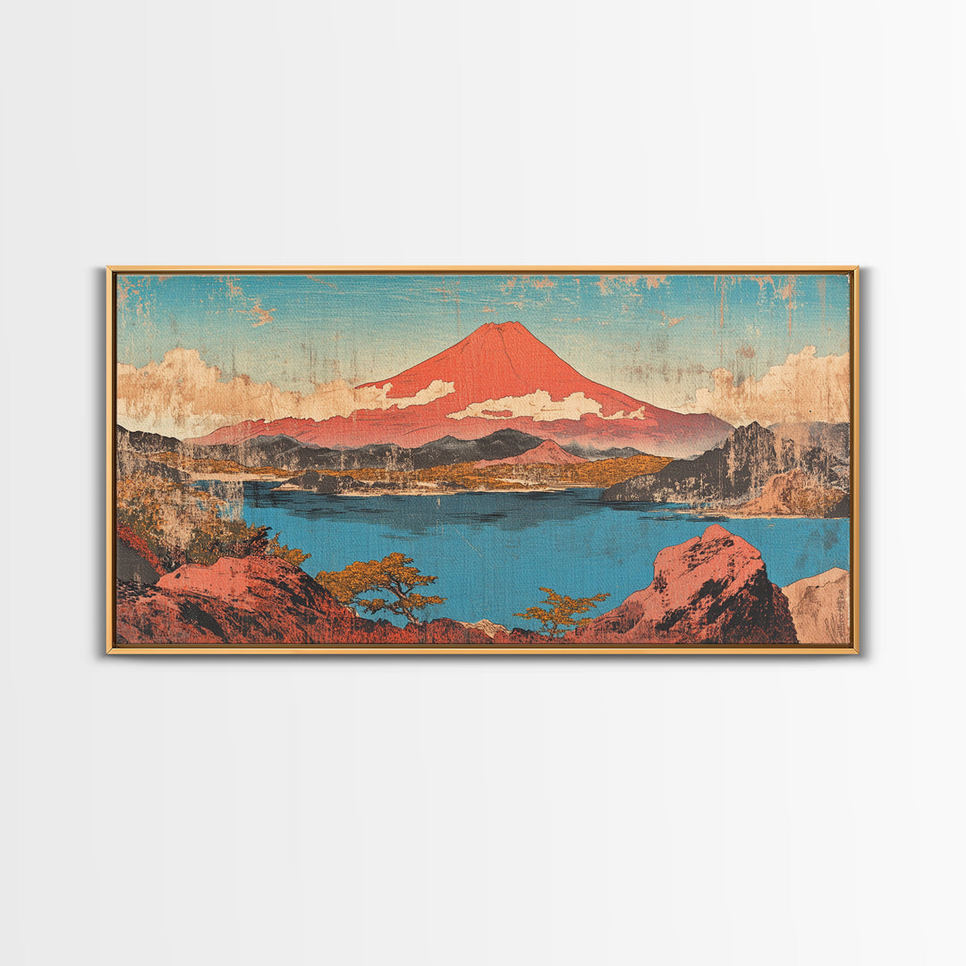 Red Mount Fuji Over Lake Framed Canvas Print, Japanese Wall Art, Landscape Art, Japandi Decor, Nature Wall Art, Home Decor