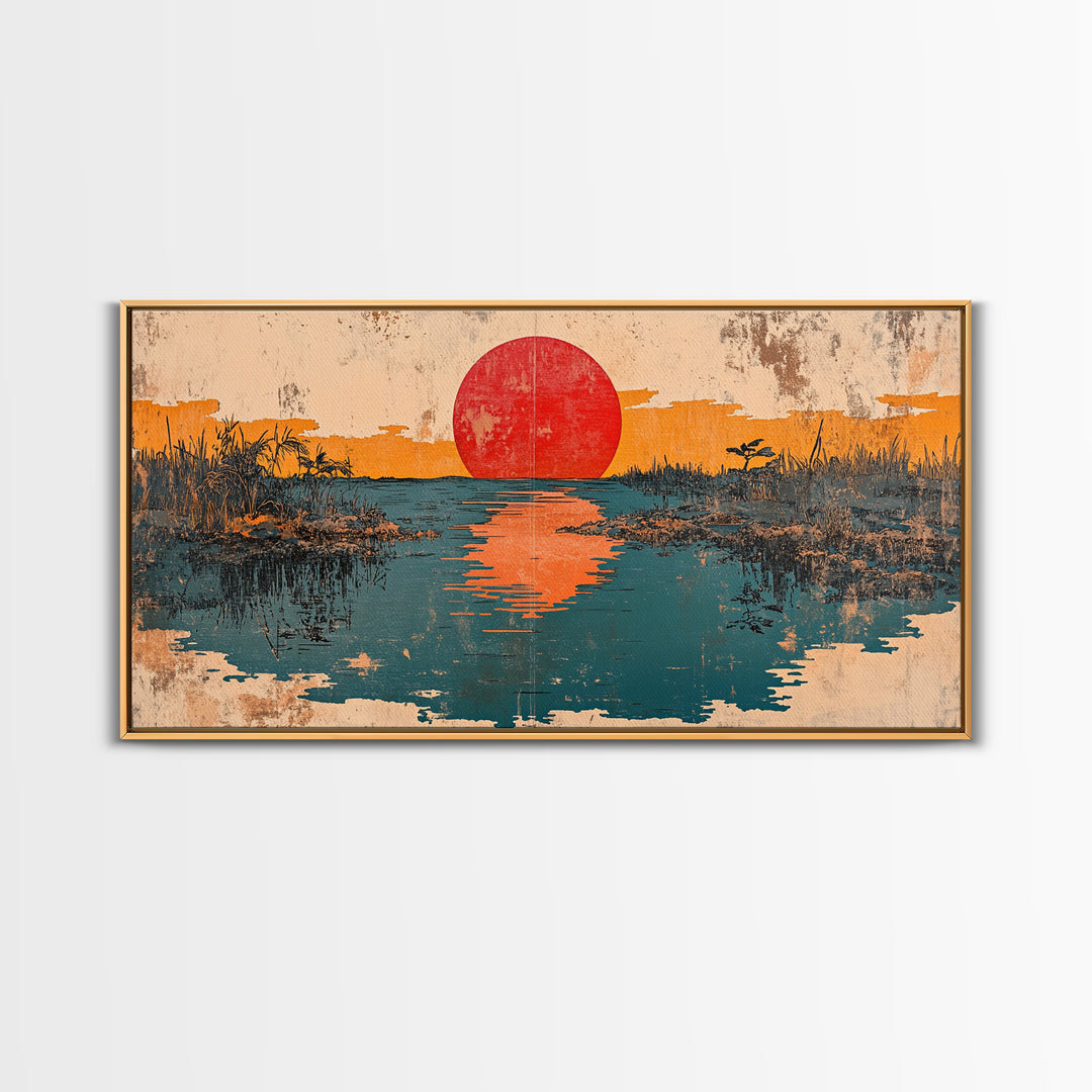 Red Sun Reflected In Marsh Water Canvas Print, Japanese Wall Art, Abstract Landscape, Zen Home Decor, Sunrise Wall Art, Japandi Decor
