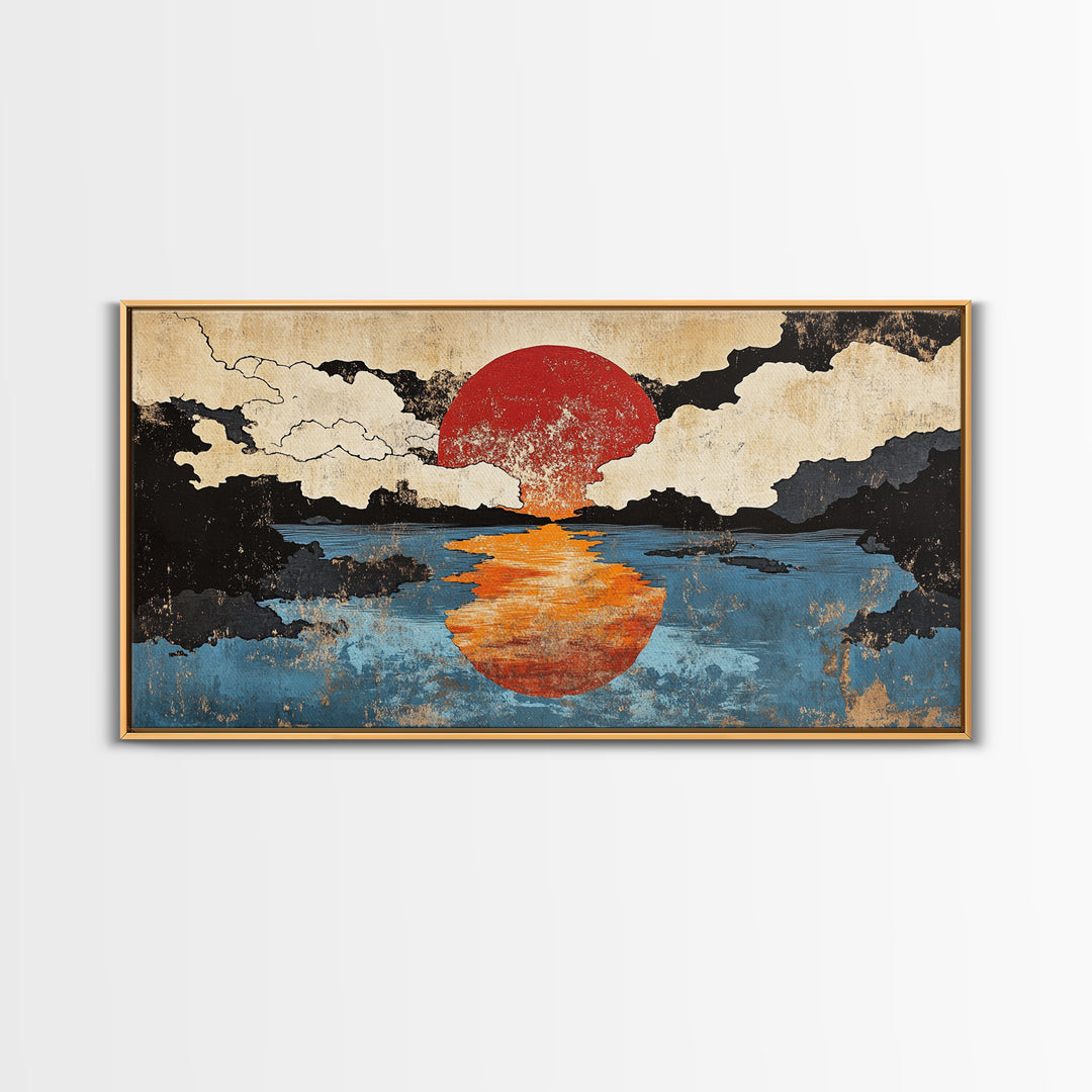 Orange Sun Reflection Seascape Wall Art, Japanese Ocean Canvas Print, Moody Coastal Wall Decor, Abstract Sunset Art Print