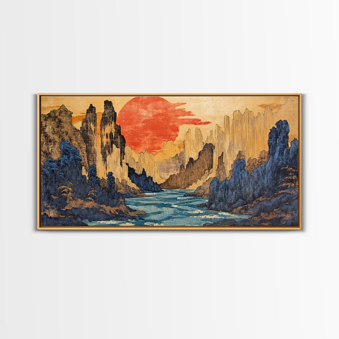 Red Sun Canyon River Wall Art, Japanese Landscape Canvas Print, Modern Japandi Decor, Dramatic Mountain Living Room Art Print