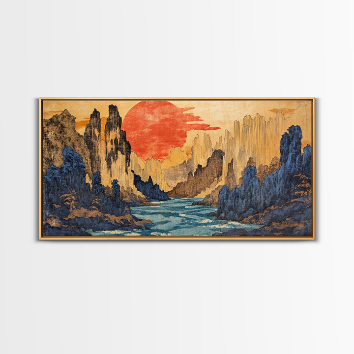 Red Sun Canyon River Wall Art, Japanese Landscape Canvas Print, Modern Japandi Decor, Dramatic Mountain Living Room Art Print