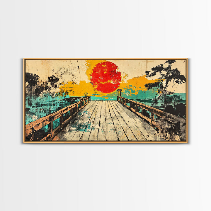 Sunset Pier Lake Wall Art, Japanese Landscape Canvas Print, Turquoise Coastal Decor, Retro Travel Poster For Living Room