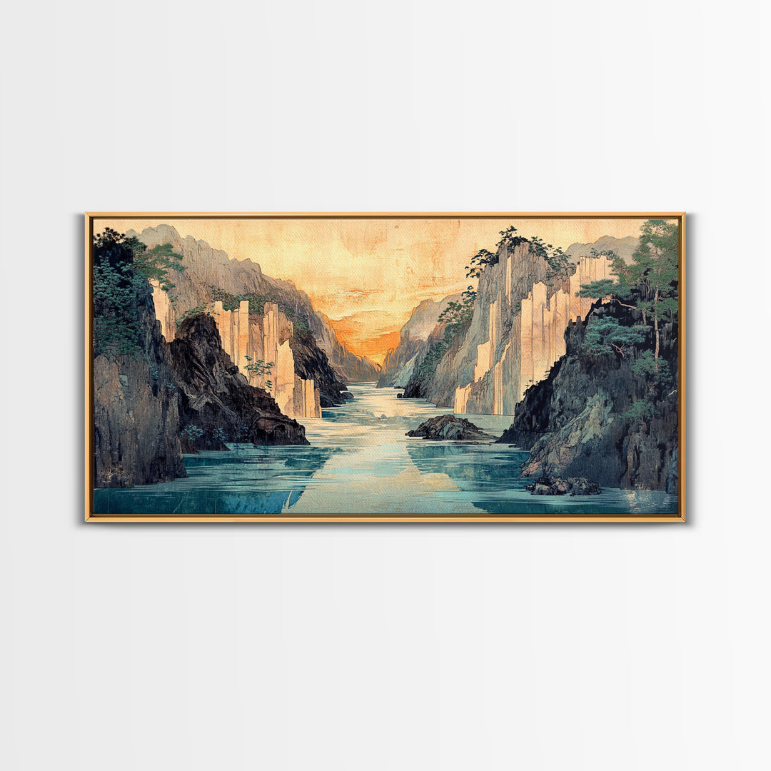 Misty Canyon River Wall Art, Japanese Landscape Canvas Print, Serene Mountain Decor, Panoramic Living Room Wall Art Print