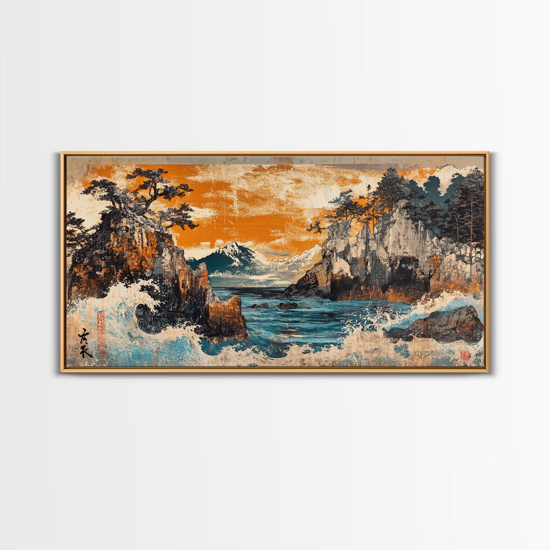 Mt Fuji Cliffs And Crashing Waves Framed Canvas Print, Japanese Wall Art, Coastal Landscape, Orange Sunset Living Room Decor