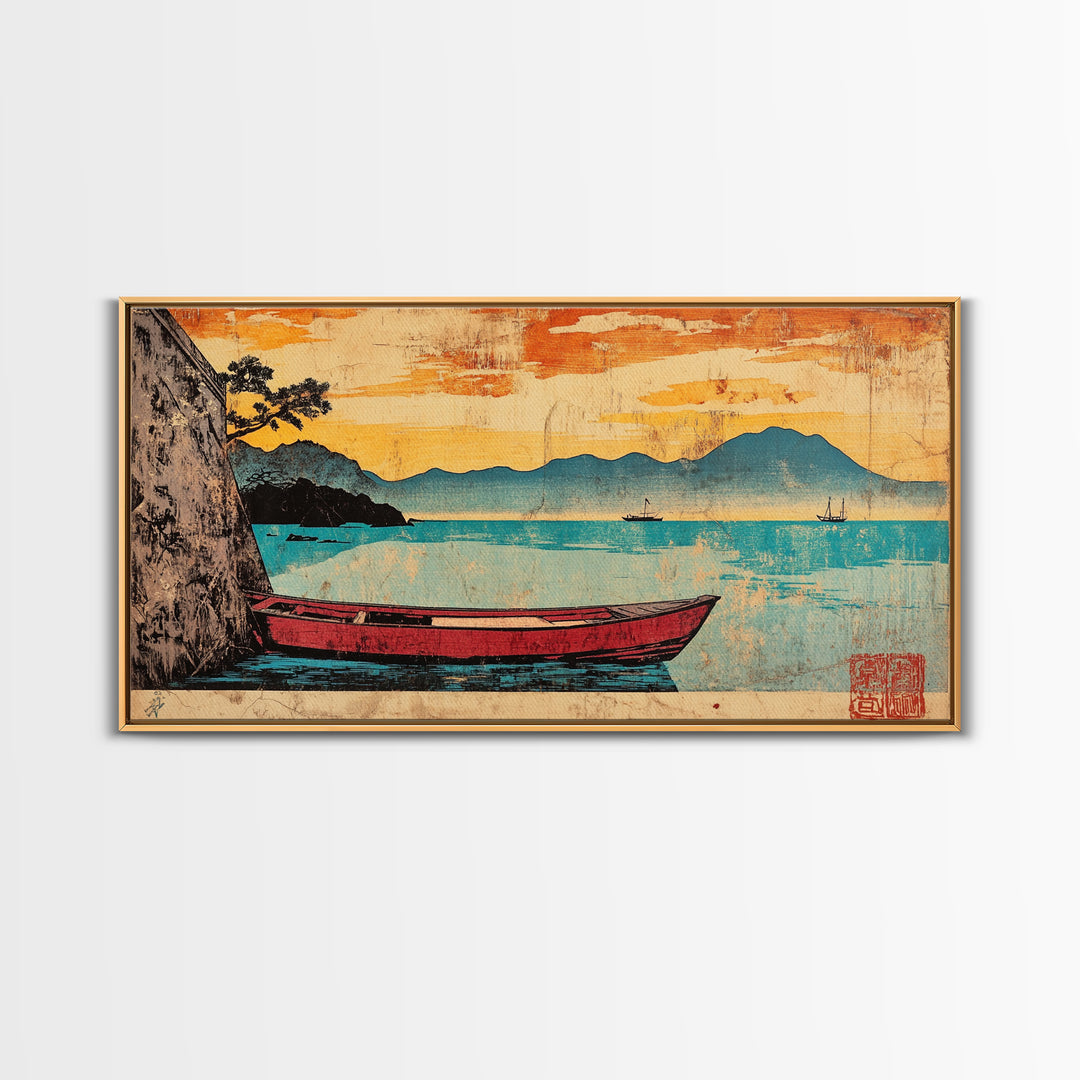 Red Boat On Turquoise Lake Framed Canvas Print, Japanese Landscape Wall Art, Orange Sunset Decor, Coastal Living Room Art