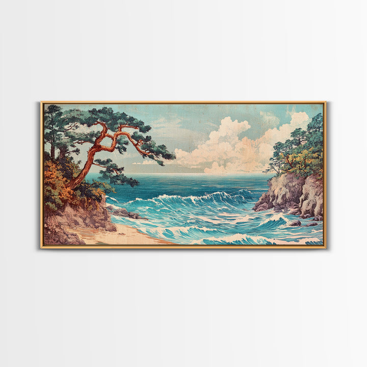 Pine Tree Coastal Cove Canvas Print, Japanese Seascape Wall Art, Ocean Waves, Beach House Decor, Calming Living Room Art