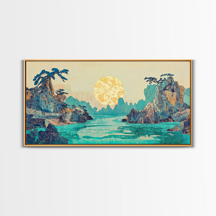 Golden Moon Tropical Seascape Framed Canvas Print, Japanese Wall Art, Coastal Landscape, Celestial Ocean Living Room Decor