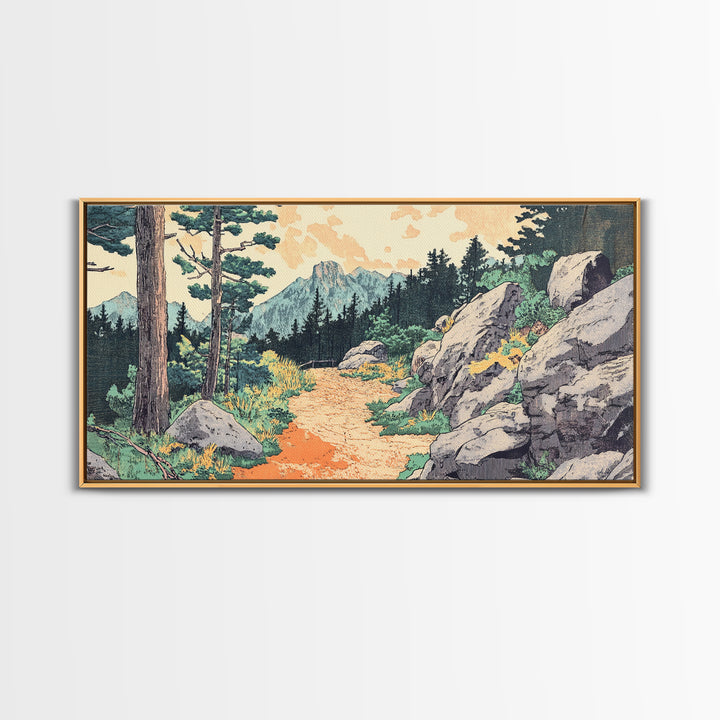 Mountain Forest Trail Framed Canvas Print, Japanese Landscape Wall Art, Pine Tree Nature Decor, Rustic Living Room Art Print