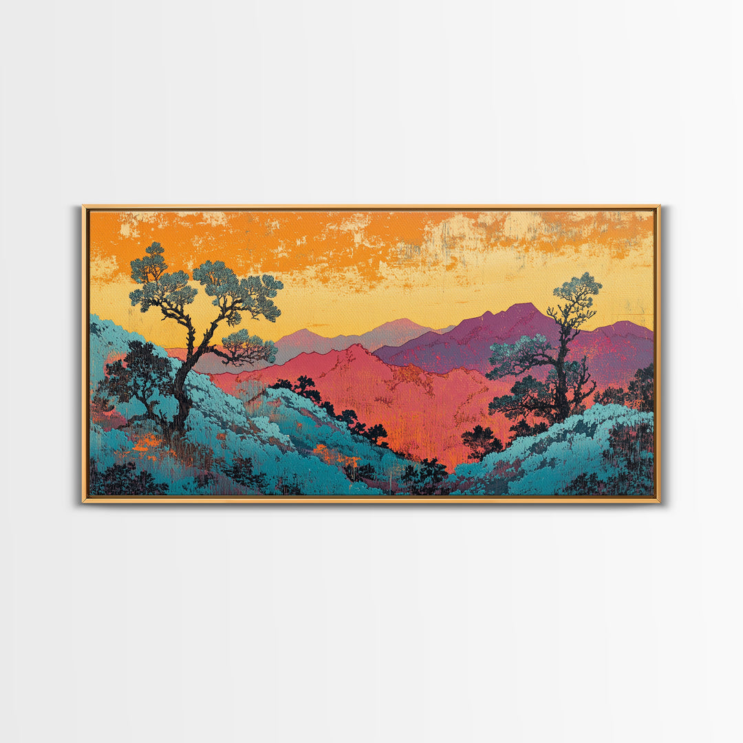 Teal And Purple Mountain Sunset Wall Art, Colorful Landscape Canvas, Southwestern Decor, Large Living Room Art Print, Housewarming Gift