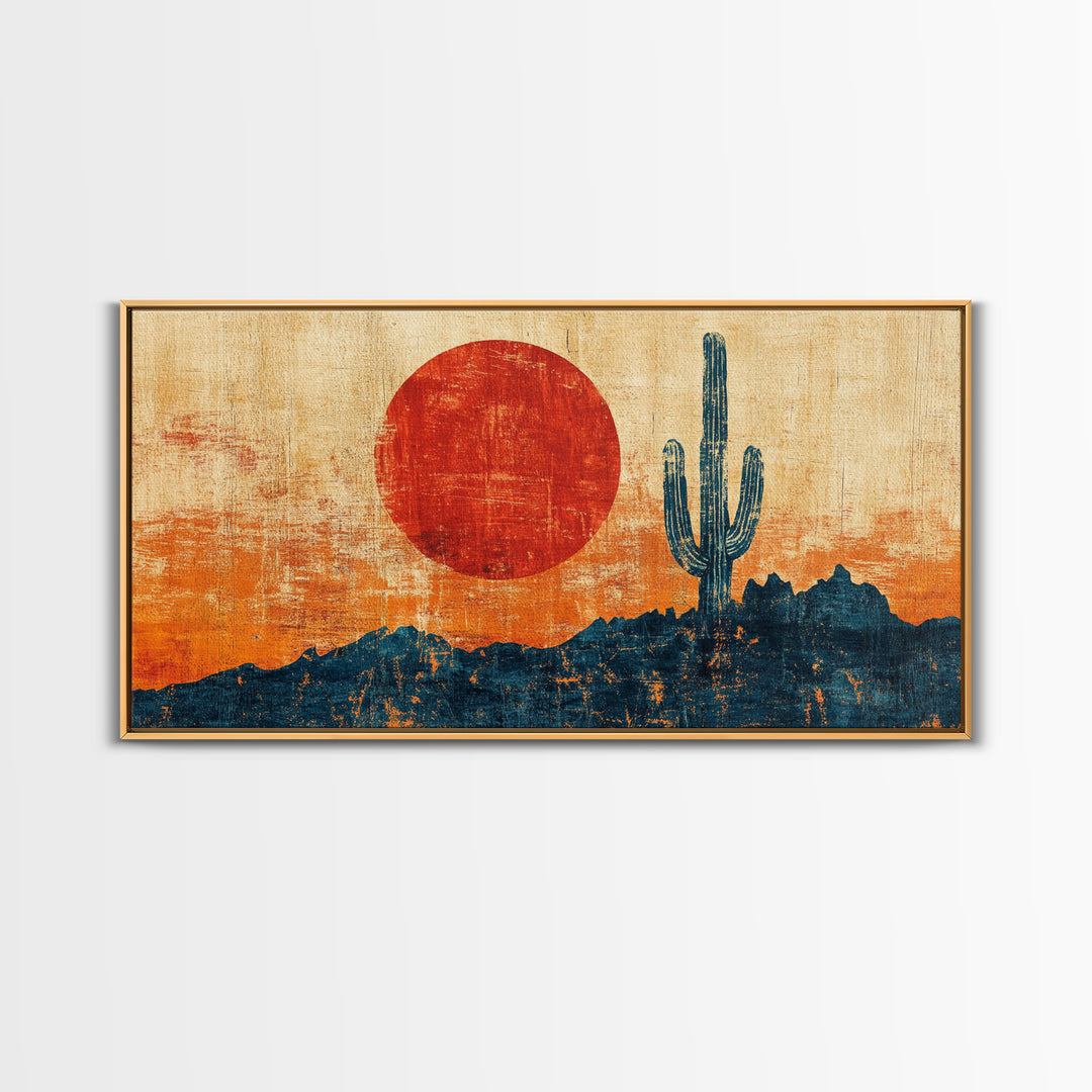 Red Sun Saguaro Cactus Desert Canvas Print, Southwestern Wall Art, Boho Western Decor, Rustic Living Room Statement Gift