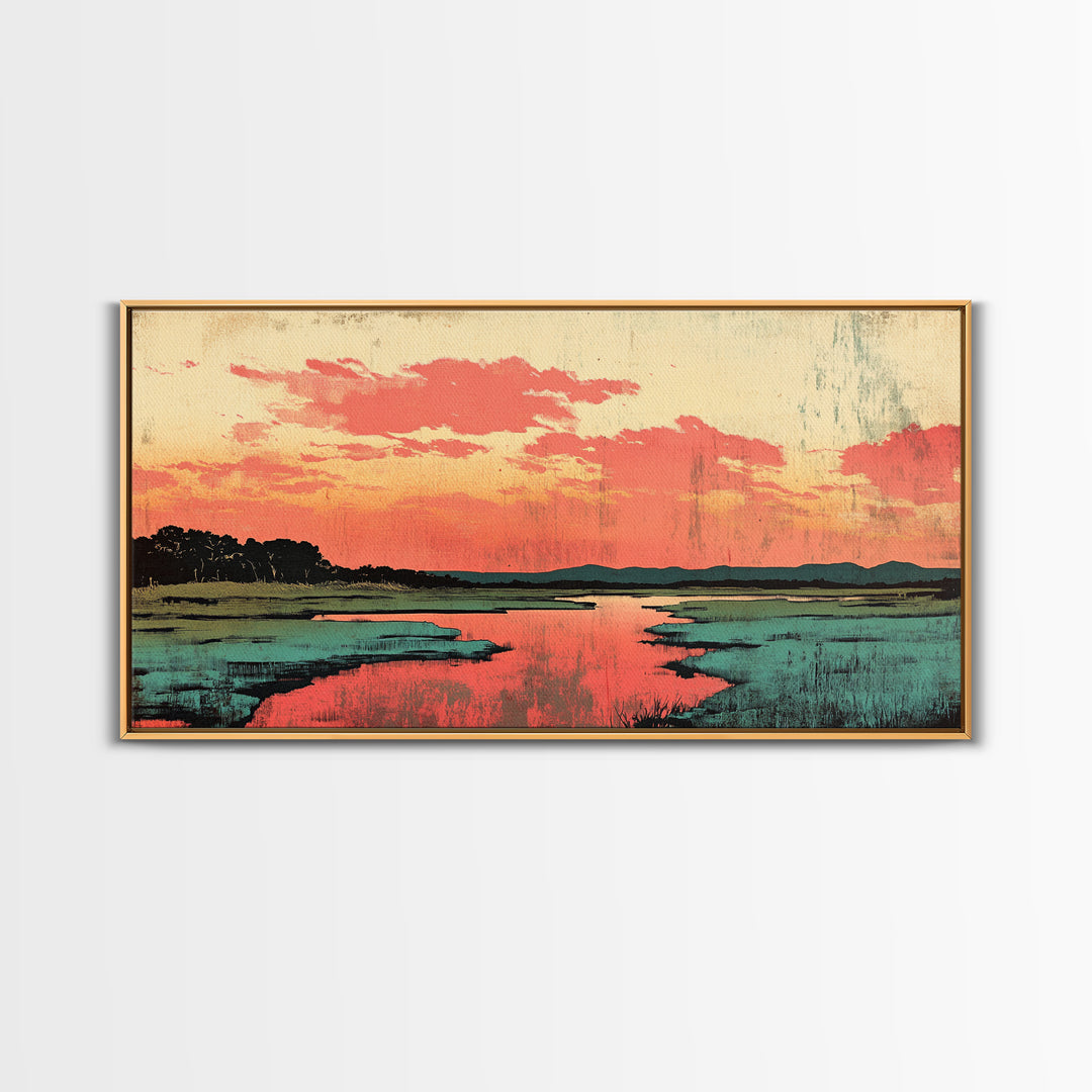 Coral Sunset Marsh Landscape Wall Art, Abstract Landscape Print, Teal Living Room Decor, Modern Coastal Home Decor, Large Wall Art