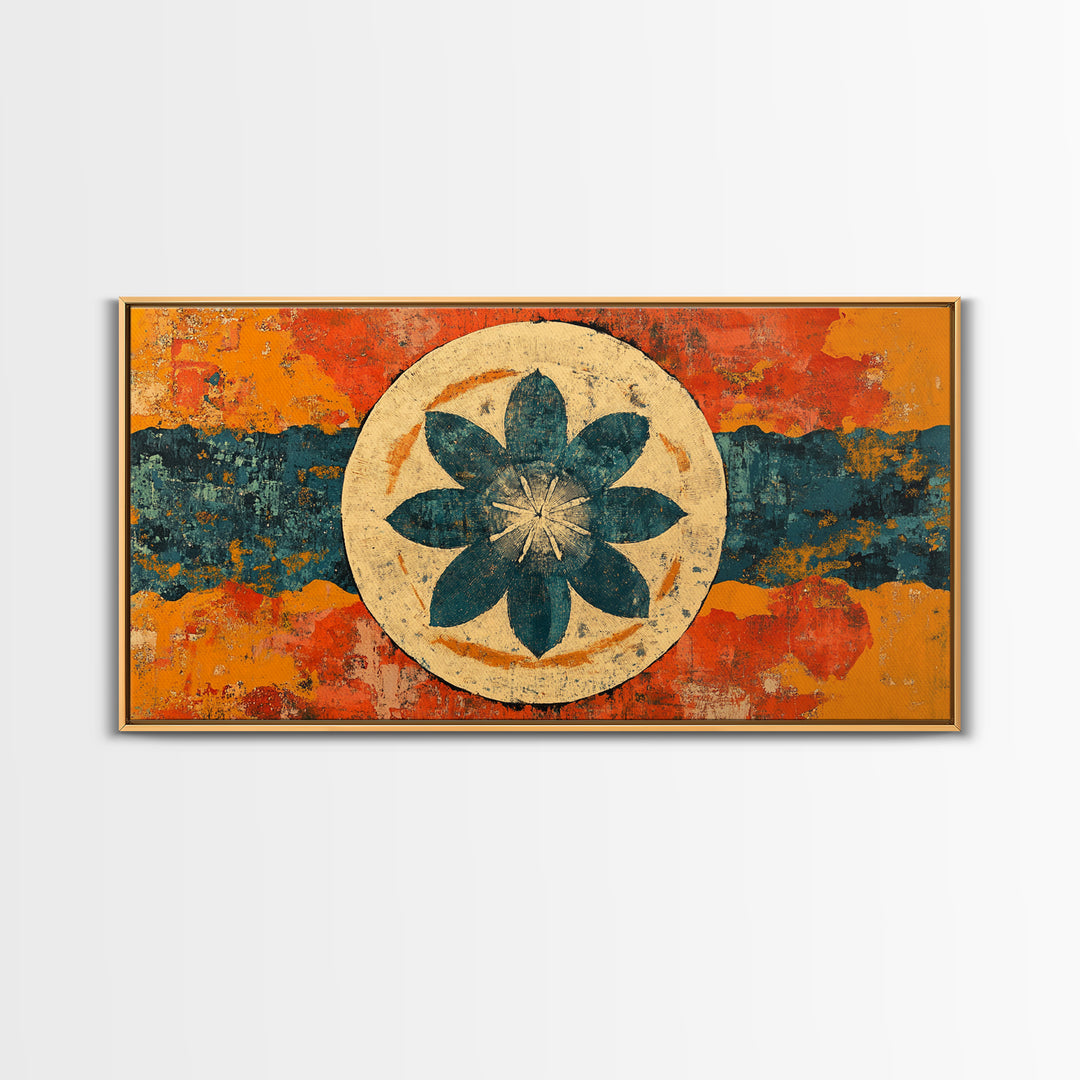 Teal Lotus Flower Circle Wall Art, Retro Abstract Canvas Print, Mid Century Modern Decor, Orange Blue Zen Home Decor, Statement Artwork