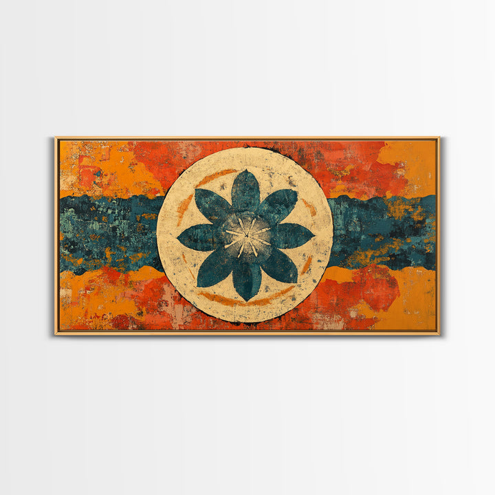 Teal Lotus Flower Circle Wall Art, Retro Abstract Canvas Print, Mid Century Modern Decor, Orange Blue Zen Home Decor, Statement Artwork