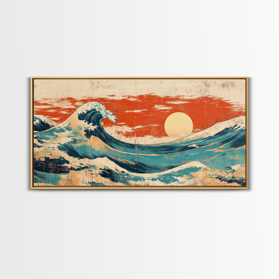 Japanese Great Wave Canvas Print, Red Sunset Ocean Wall Art, Ukiyo E Inspired Seascape, Coastal Living Room Decor, Home Decor