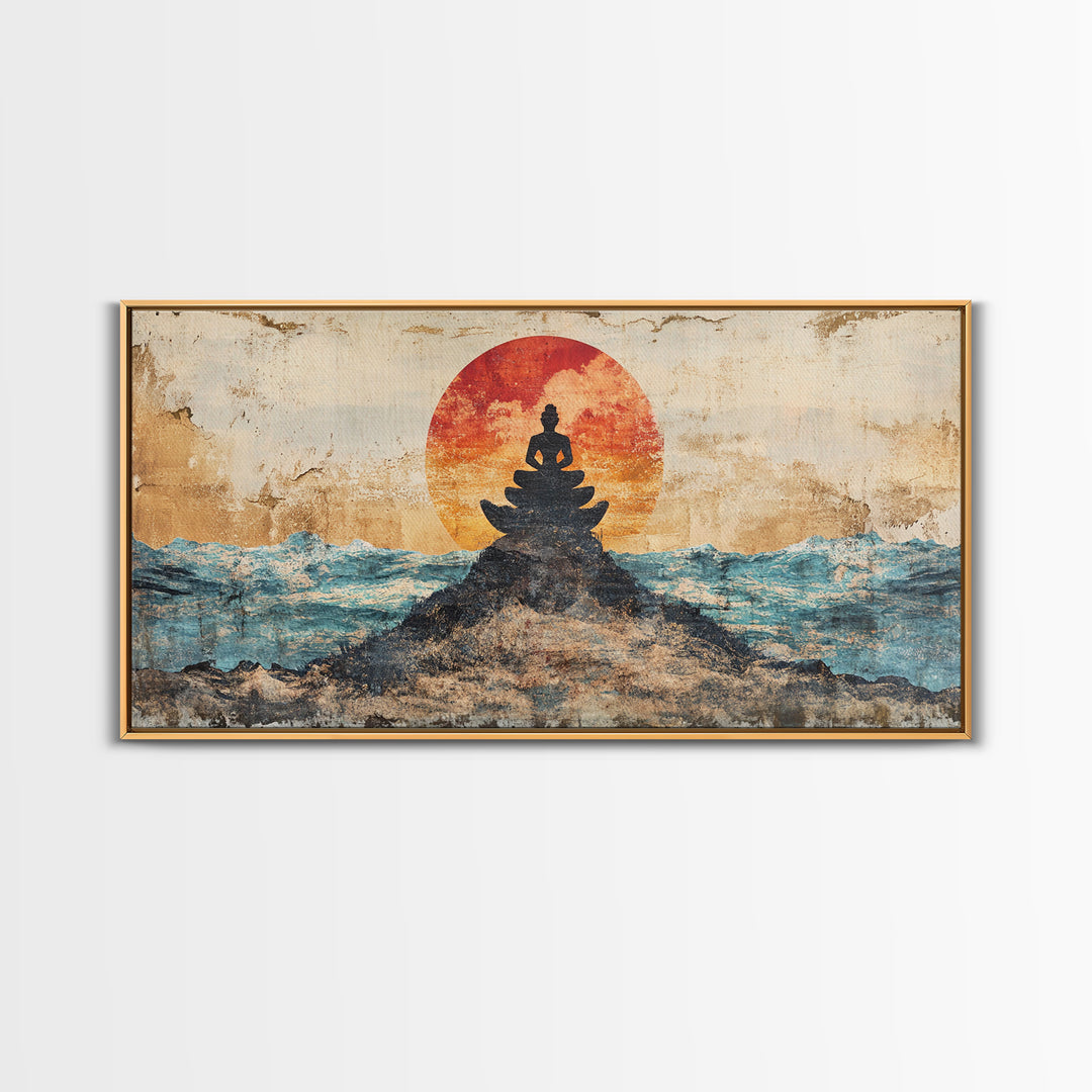 Buddha Meditation On Ocean Rocks Wall Art, Zen Canvas Print, Spiritual Decor, Mindfulness Art, Yoga Room Wall Decor, Calming Wall Art