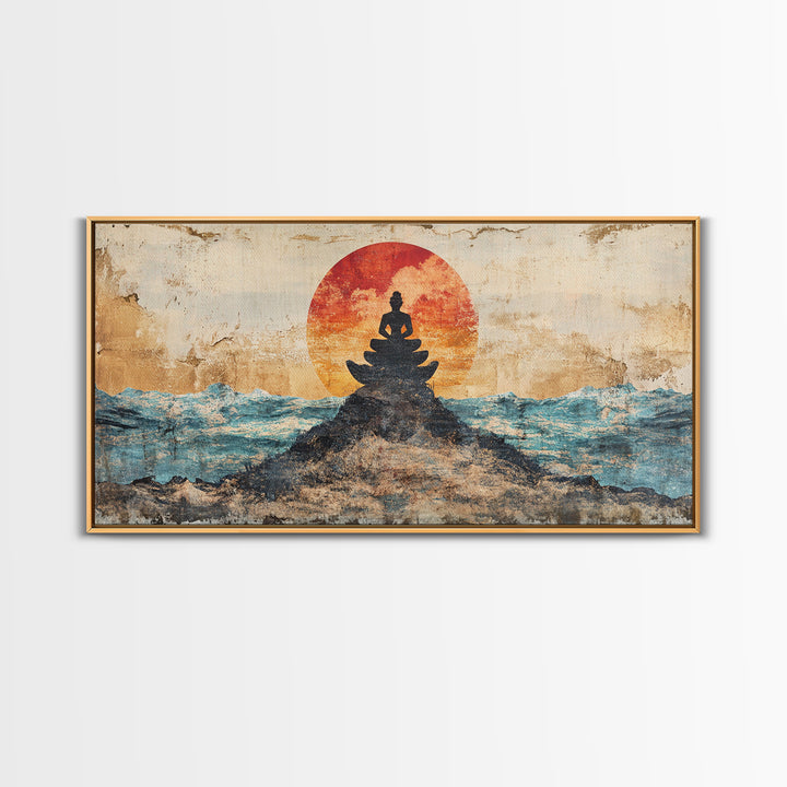 Buddha Meditation On Ocean Rocks Wall Art, Zen Canvas Print, Spiritual Decor, Mindfulness Art, Yoga Room Wall Decor, Calming Wall Art