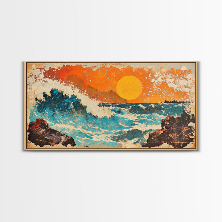 Rocky Ocean Sunset Wave Wall Art, Abstract Seascape Canvas Print, Coastal Living Room Decor, Beach House Home Decor, Large Wall Art
