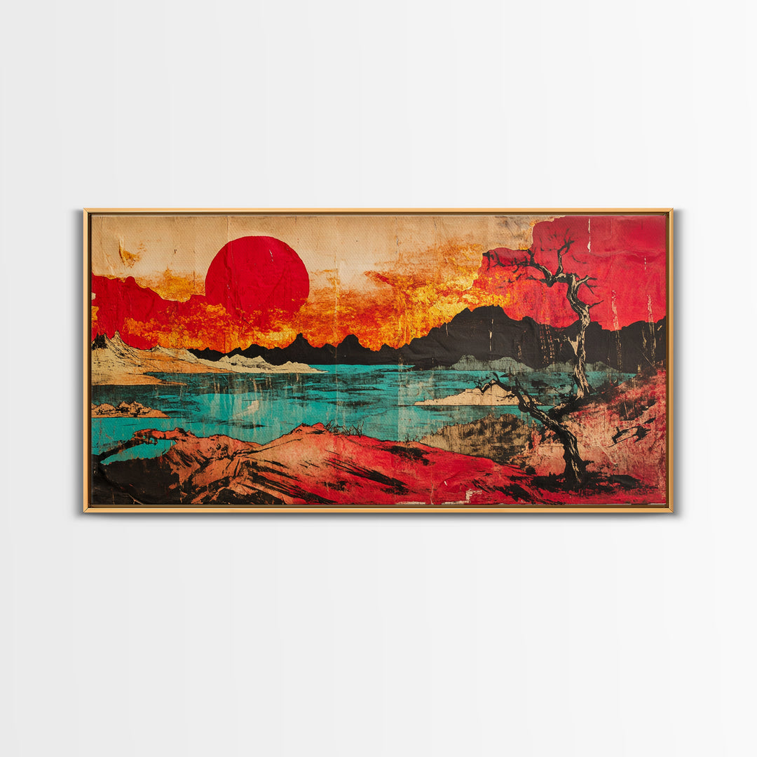 Red Sun Mountain Lake Wall Art, Japanese Sunset Landscape Canvas Print, Bold Desert Decor, Modern Living Room Statement Art
