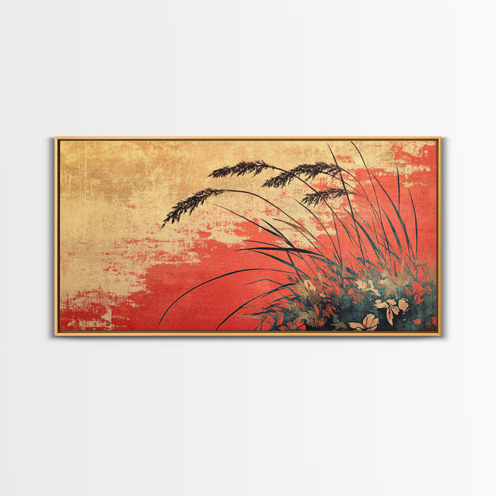 Red Sunset Grassland Wall Art, Botanical Landscape Canvas Print, Rustic Nature Decor, Warm Earth Tone Modern Living Room Art