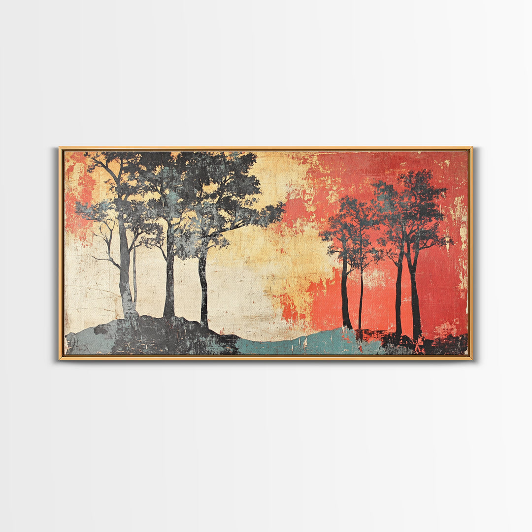 Silhouette Trees With Red Sky Wall Art, Abstract Landscape Canvas Print, Modern Rustic Decor, Wide Horizontal Wall Art Print